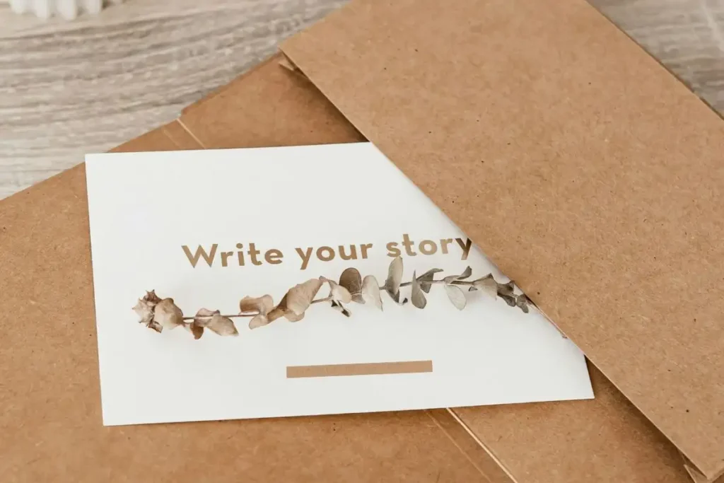 brown folder with insert with the words 'Write your story'