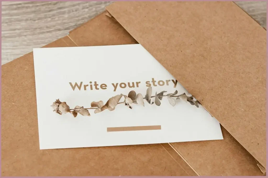 leaflet with the words ' write your story' referring to how to start journaling to rediscover yourself