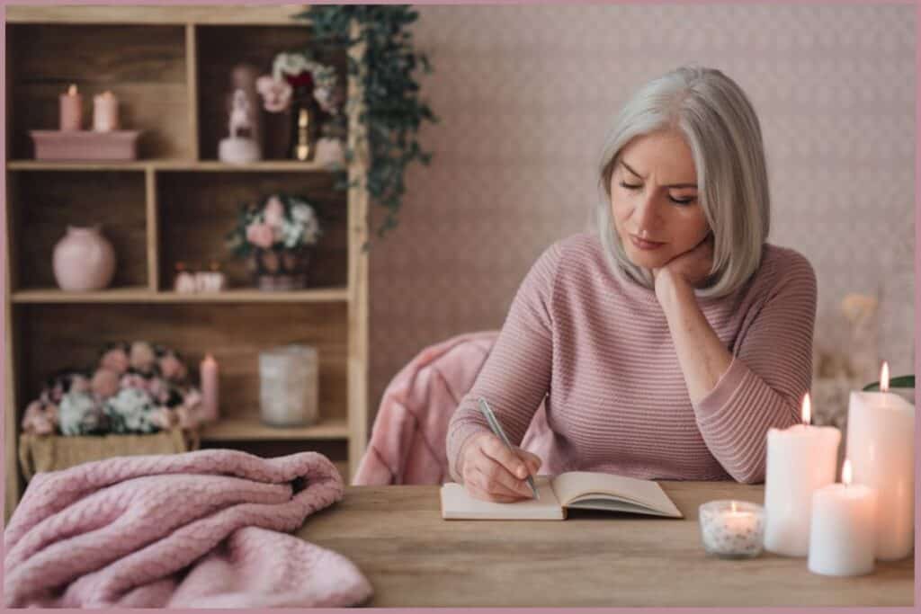 lady wearing pink sweater and writing in a journal