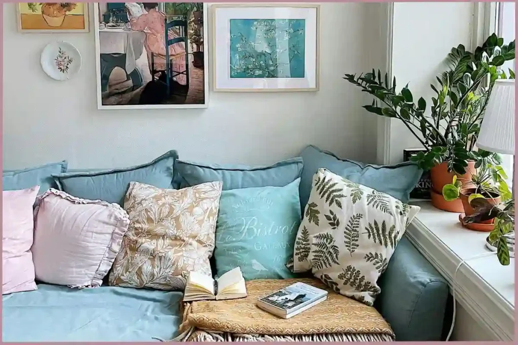 blue couch with colorful throw pillows -creative self care ideas for empty nesters